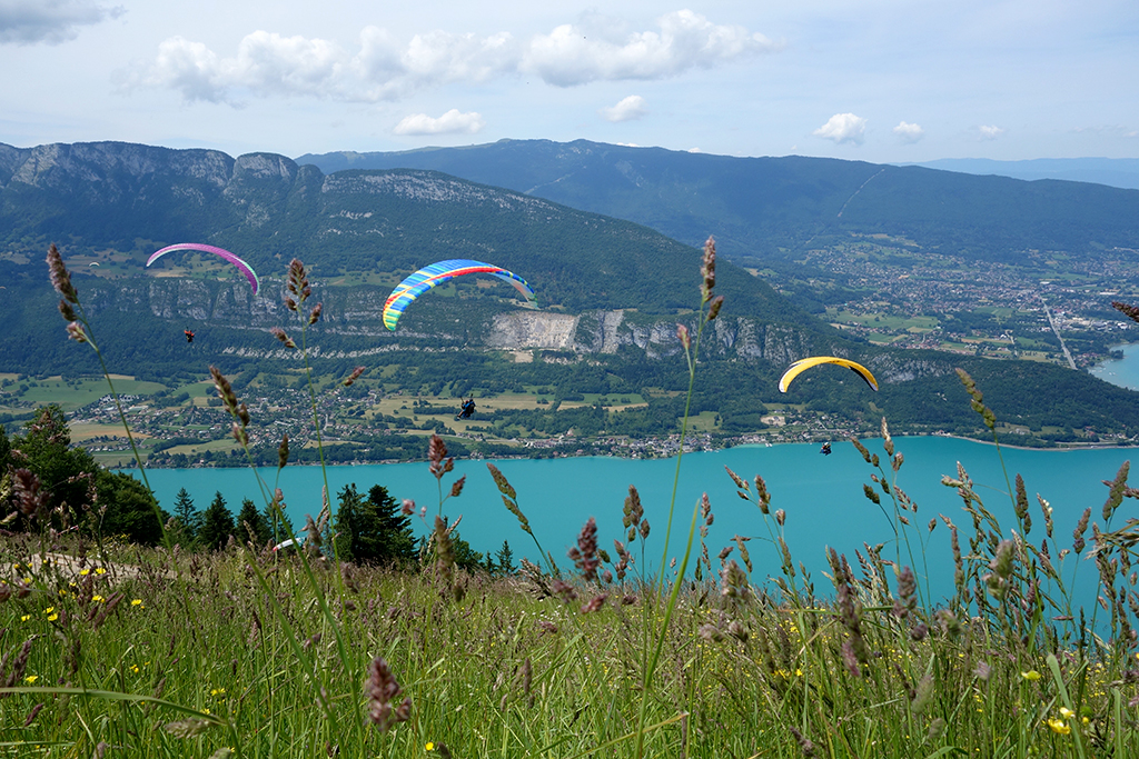 Paragliders floating over Lake Annecy