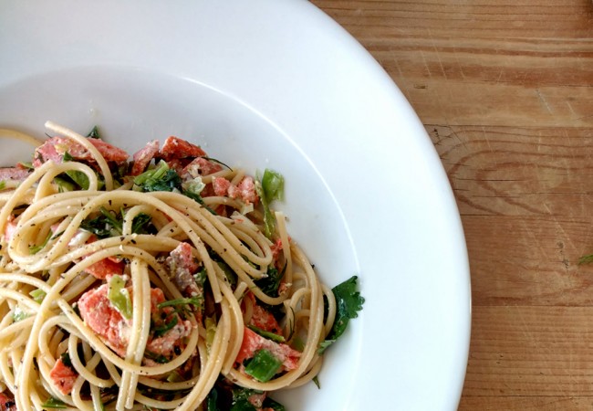 15-Minute Salmon Pasta with Green Garlic and Fresh Herbs