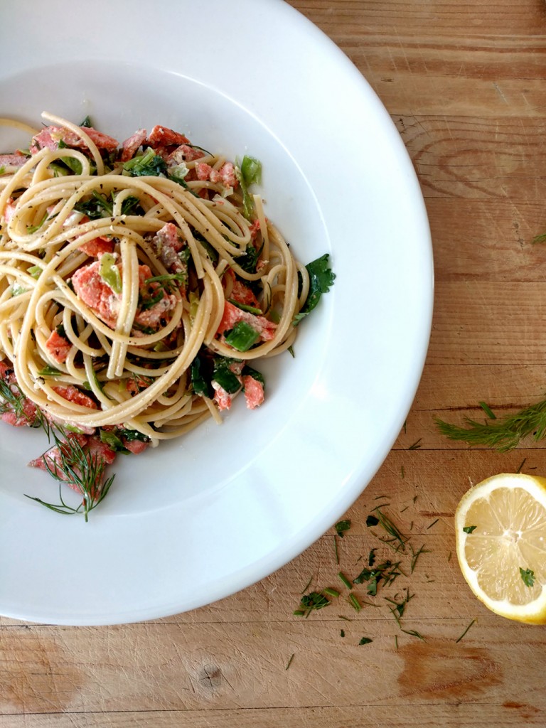 15-Minute Salmon Pasta with Green Garlic and Fresh Herbs – EmilyStyle