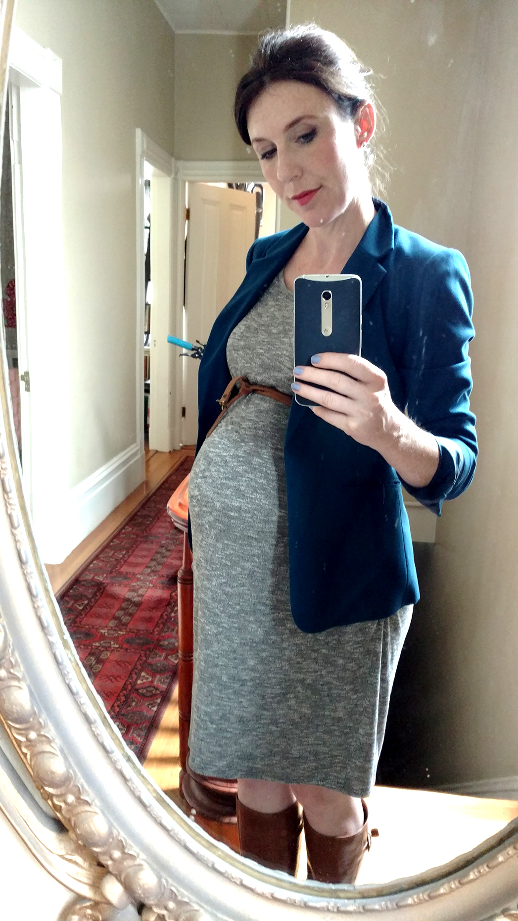Gray and teal maternity outfit