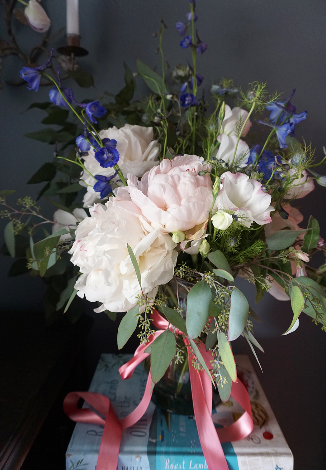 Pink and blue peony arrangement